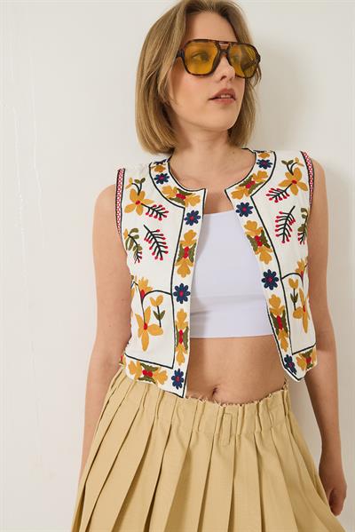Kadın Nakış Detaylı Crop Keten Yelek 237 60283215 - Ekru-Sarı