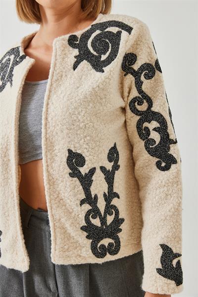 Nakış İşlemeli Buklet Kaşe Ceket 60261032 - Bej