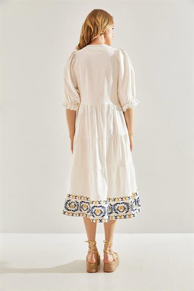 Kadın Nakış İşlemeli Keten Elbise 60221018 - Beyaz-Mavi