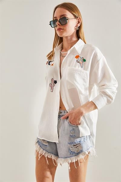 Kadın Nakış İşlemeli Keten Gömlek 60091013 - Beyaz
