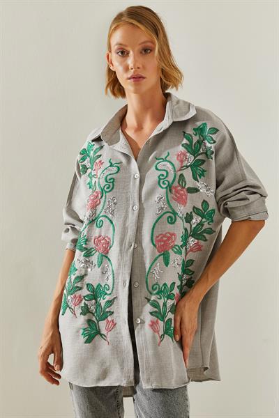 Kadın Nakışlı Sofya Keten Gömlek 60181014 - Gri