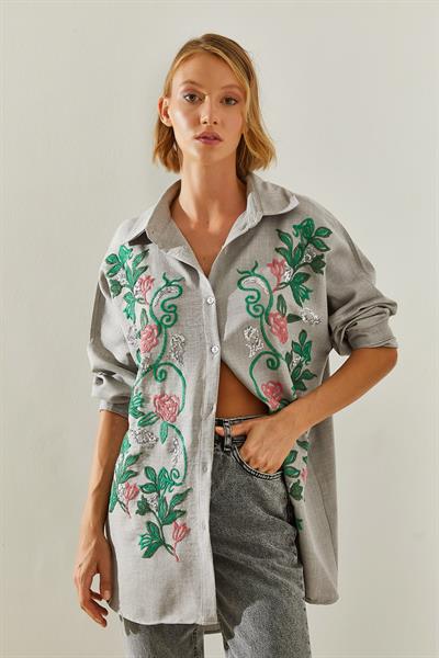 Kadın Nakışlı Sofya Keten Gömlek 60181014 - Gri
