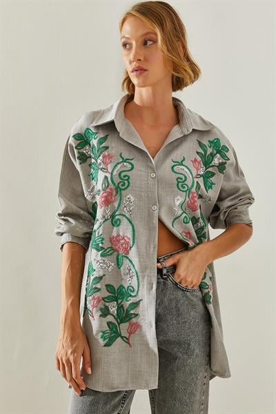 Kadın Nakışlı Sofya Keten Gömlek 60181014 - Gri