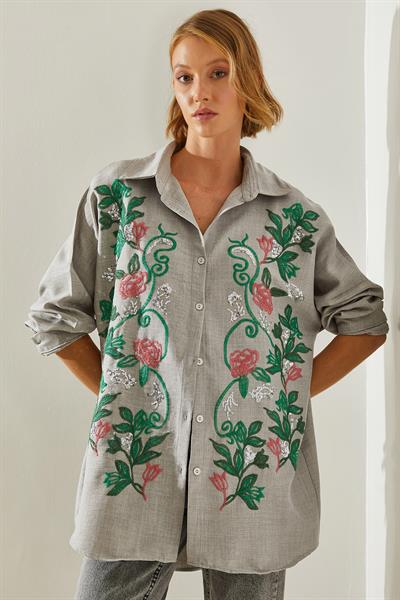 Kadın Nakışlı Sofya Keten Gömlek 60181014 - Gri