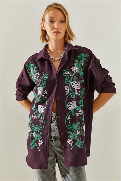 Kadın Nakışlı Sofya Keten Gömlek 60181014 - Mor