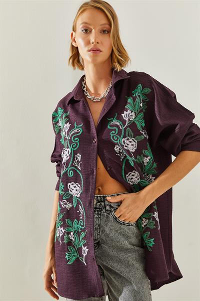 Kadın Nakışlı Sofya Keten Gömlek 60181014 - Mor