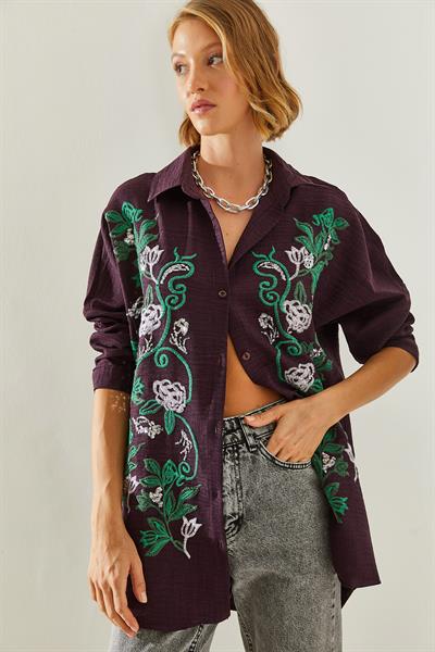 Kadın Nakışlı Sofya Keten Gömlek 60181014 - Mor