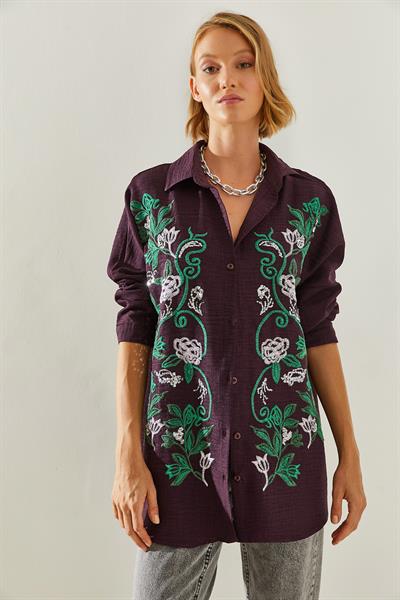 Kadın Nakışlı Sofya Keten Gömlek 60181014 - Mor