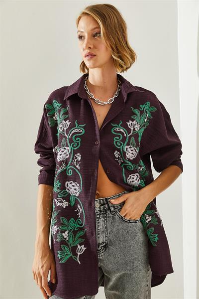 Kadın Nakışlı Sofya Keten Gömlek 60181014 - Mor