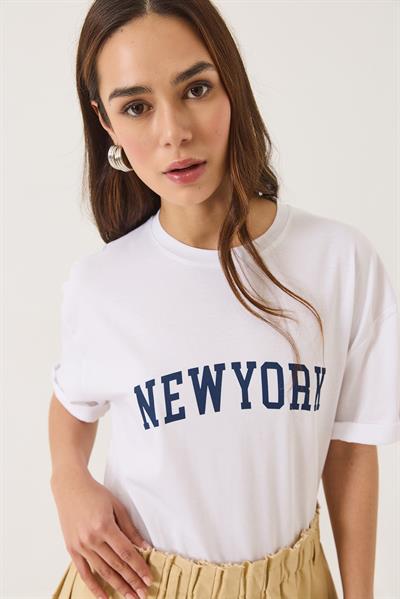 Kadın New York Baskılı Bisiklet Yaka Oversize T-Shirt 0267 60283155 - Beyaz