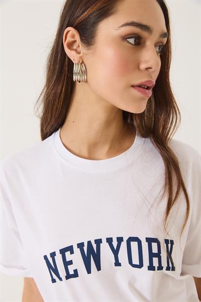 Kadın New York Baskılı Bisiklet Yaka Oversize T-Shirt 0267 60283155 - Beyaz