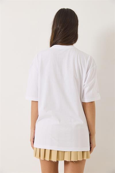Kadın New York Baskılı Bisiklet Yaka Oversize T-Shirt 0267 60283155 - Beyaz
