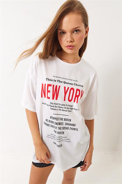 Kadın New York Baskılı Oversize T-Shirt 6006 60283085 - Beyaz