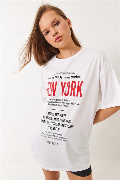 Kadın New York Baskılı Oversize T-Shirt 6006 60283085 - Beyaz
