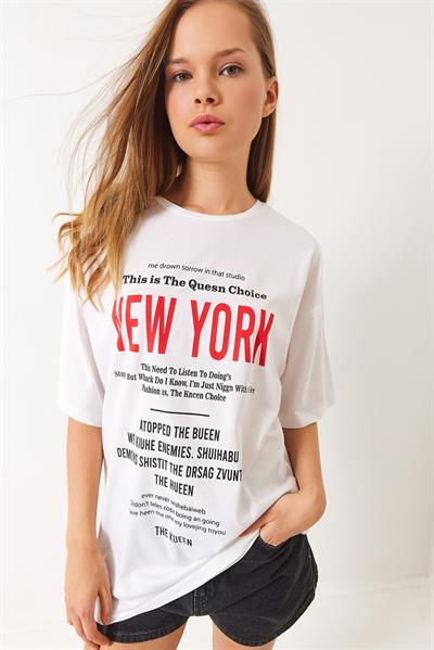 Kadın New York Baskılı Oversize T-Shirt 6006 60283085 - Beyaz