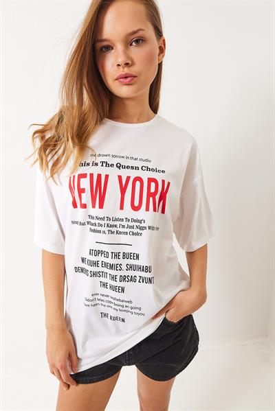 Kadın New York Baskılı Oversize T-Shirt 6006 60283085 - Beyaz