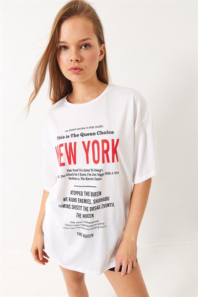 Kadın New York Baskılı Oversize T-Shirt 6006 60283085 - Beyaz