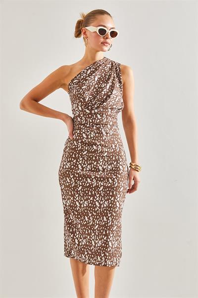 Kadın Omuz Dekolteli Desenli Elbise 60201005 - Kahverengi
