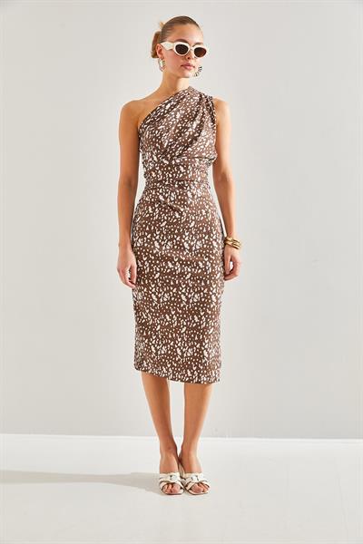 Kadın Omuz Dekolteli Desenli Elbise 60201005 - Kahverengi