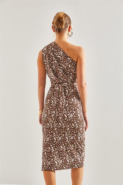 Kadın Omuz Dekolteli Desenli Elbise 60201005 - Kahverengi