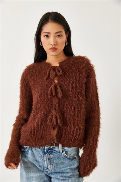 Önden Bağlamalı Saçaklı Hırka 241117 60261211 - Kahve