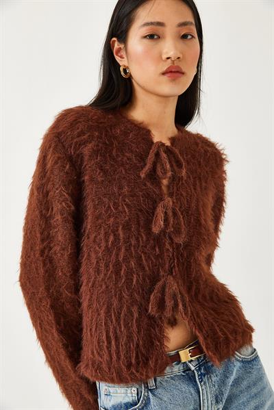 Önden Bağlamalı Saçaklı Hırka 241117 60261211 - Kahve