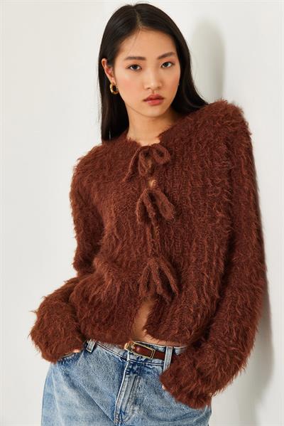 Önden Bağlamalı Saçaklı Hırka 241117 60261211 - Kahve