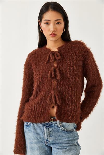 Önden Bağlamalı Saçaklı Hırka 241117 60261211 - Kahve