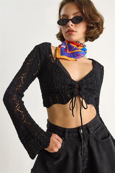 Kadın Önü Bağlamalı Ajurlu Triko Bluz 20259805 - Siyah