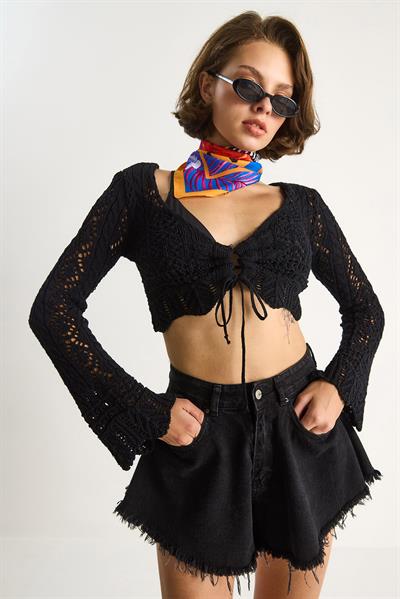 Kadın Önü Bağlamalı Ajurlu Triko Bluz 20259805 - Siyah