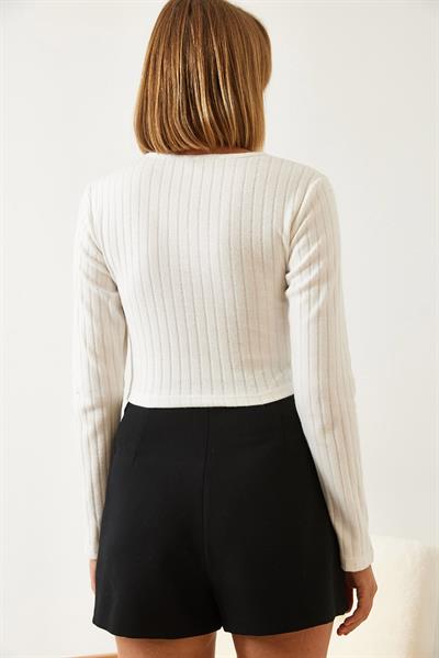 Kadın Önü Biyeli Crop Bluz 0187 60261151 - Beyaz