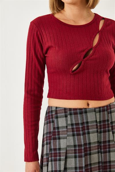 Kadın Önü Biyeli Crop Bluz 0187 60261151 - Bordo