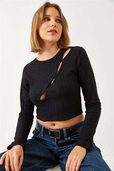 Kadın Önü Biyeli Crop Bluz 0187 60261151 - Siyah