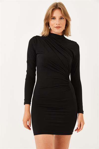 Kadın Önü Büzgülü Mini Elbise 60251843 - Siyah
