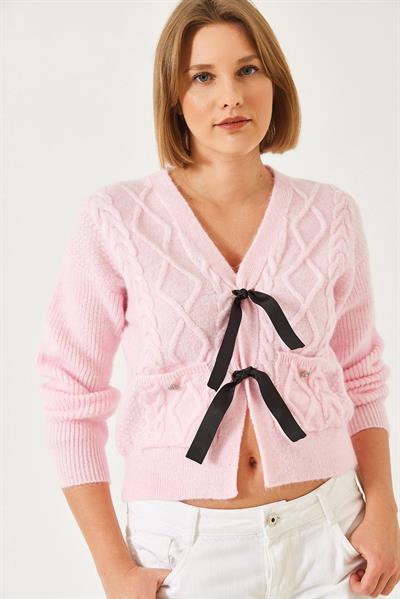 Önü Fiyonklu Cepli Triko Hırka 20247544 - Pembe