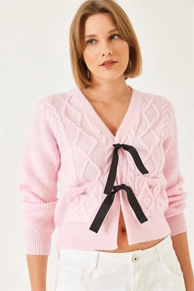 Önü Fiyonklu Cepli Triko Hırka 20247544 - Pembe