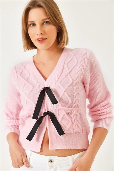 Önü Fiyonklu Cepli Triko Hırka 20247544 - Pembe