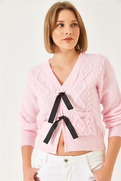 Önü Fiyonklu Cepli Triko Hırka 20247544 - Pembe