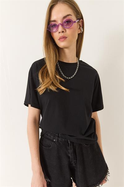 Kadın Organik Pamuklu Regular Kalıp Bisiklet Yaka Basic Kısa Kollu T-Shirt 60602048 - Siyah