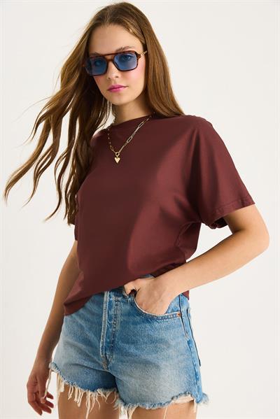 Kadın Organik Pamuklu Regular Kalıp Bisiklet Yaka Basic Kısa Kollu T-Shirt 60602048 - Kahve