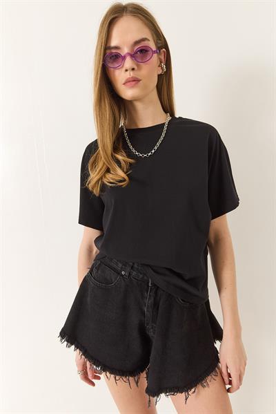 Kadın Organik Pamuklu Regular Kalıp Bisiklet Yaka Basic Kısa Kollu T-Shirt 60602048 - Siyah