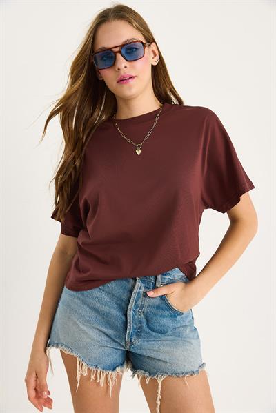 Kadın Organik Pamuklu Regular Kalıp Bisiklet Yaka Basic Kısa Kollu T-Shirt 60602048 - Kahve