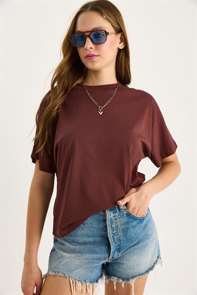 Kadın Organik Pamuklu Regular Kalıp Bisiklet Yaka Basic Kısa Kollu T-Shirt 60602048 - Kahve