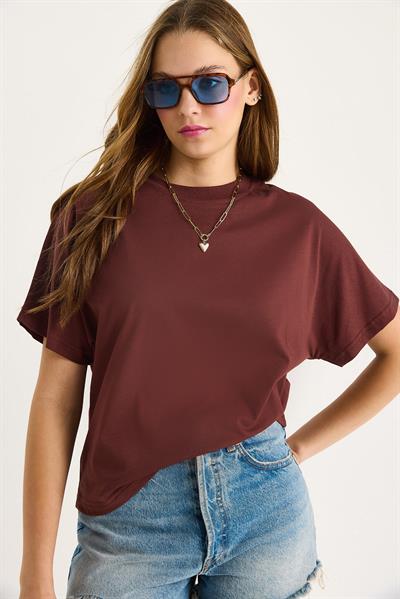 Kadın Organik Pamuklu Regular Kalıp Bisiklet Yaka Basic Kısa Kollu T-Shirt 60602048 - Kahve