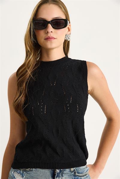 Kadın Örgü Detaylı Basic Kolsuz Triko Bluz 20251035 - Siyah