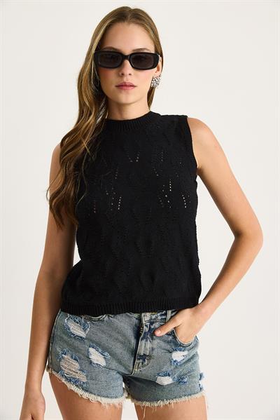 Kadın Örgü Detaylı Basic Kolsuz Triko Bluz 20251035 - Siyah