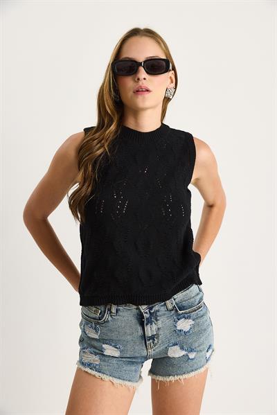 Kadın Örgü Detaylı Basic Kolsuz Triko Bluz 20251035 - Siyah