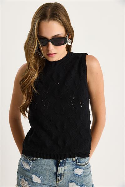 Kadın Örgü Detaylı Basic Kolsuz Triko Bluz 20251035 - Siyah