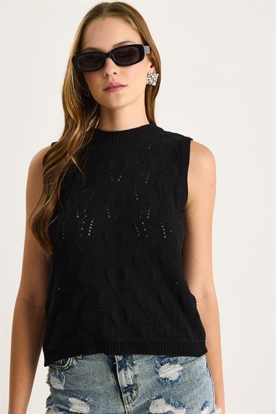 Kadın Örgü Detaylı Basic Kolsuz Triko Bluz 20251035 - Siyah