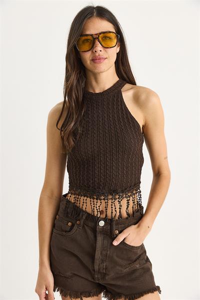 Kadın Örgülü Püsküllü Triko Bluz 20251021 - Acı Kahve